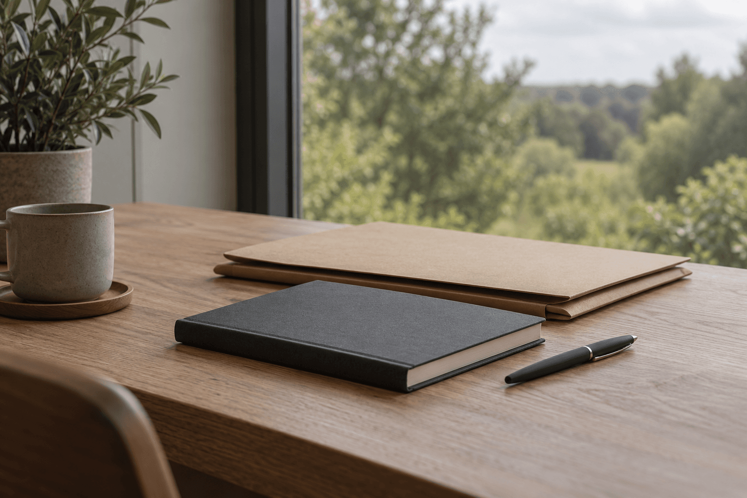Een gesloten notitieboek, pen en mappen op een eiken tafel voor een raam met groen erachter