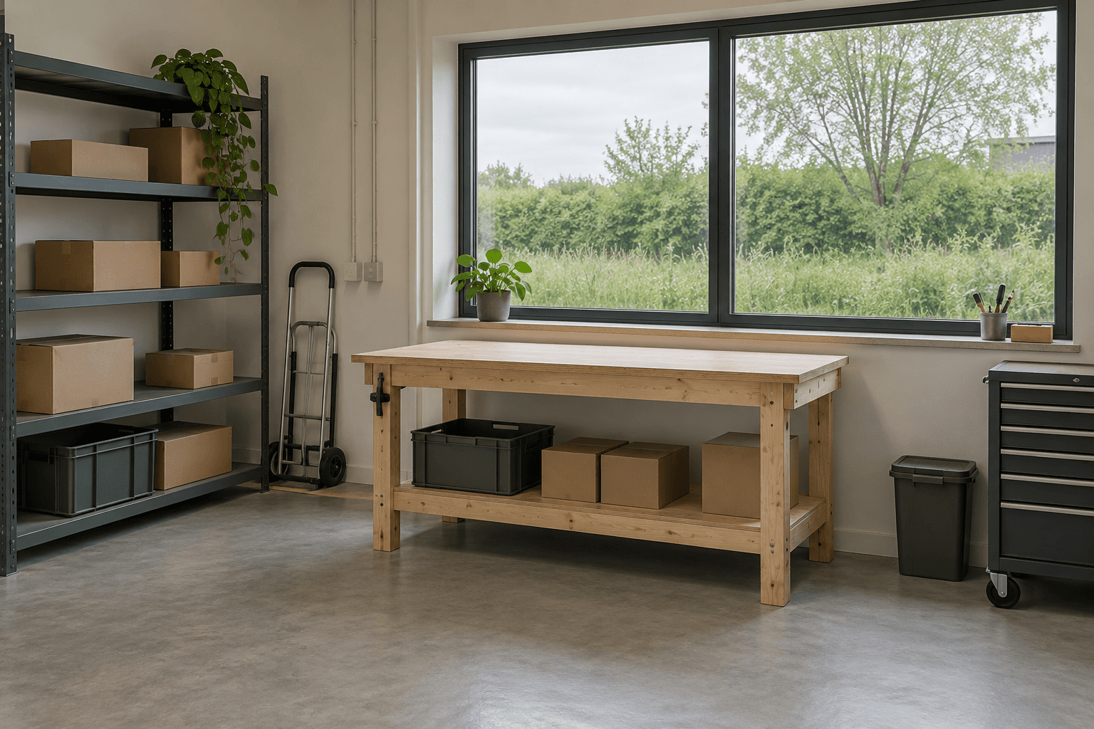Lege werkplaats met een houten werkbank, stellingkasten en een groot raam op het groen