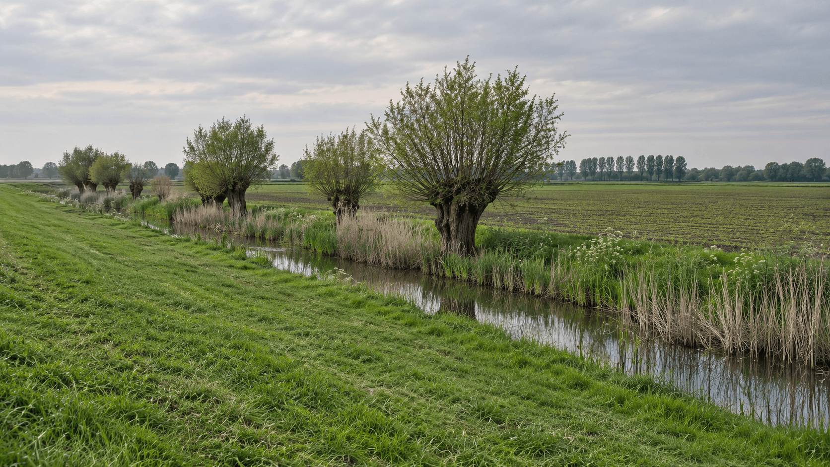 Gemaaide dijkberm met een sloot, knotwilgen en een akker, met populieren aan de horizon